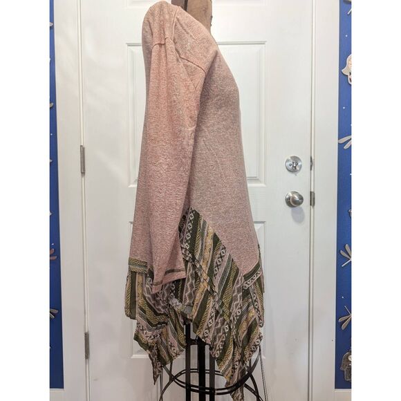 Oddy Boho Tribal Shark Bite Hem Tunic Top Long Sleeve Women's Medium Pink Green - Picture 5 of 14